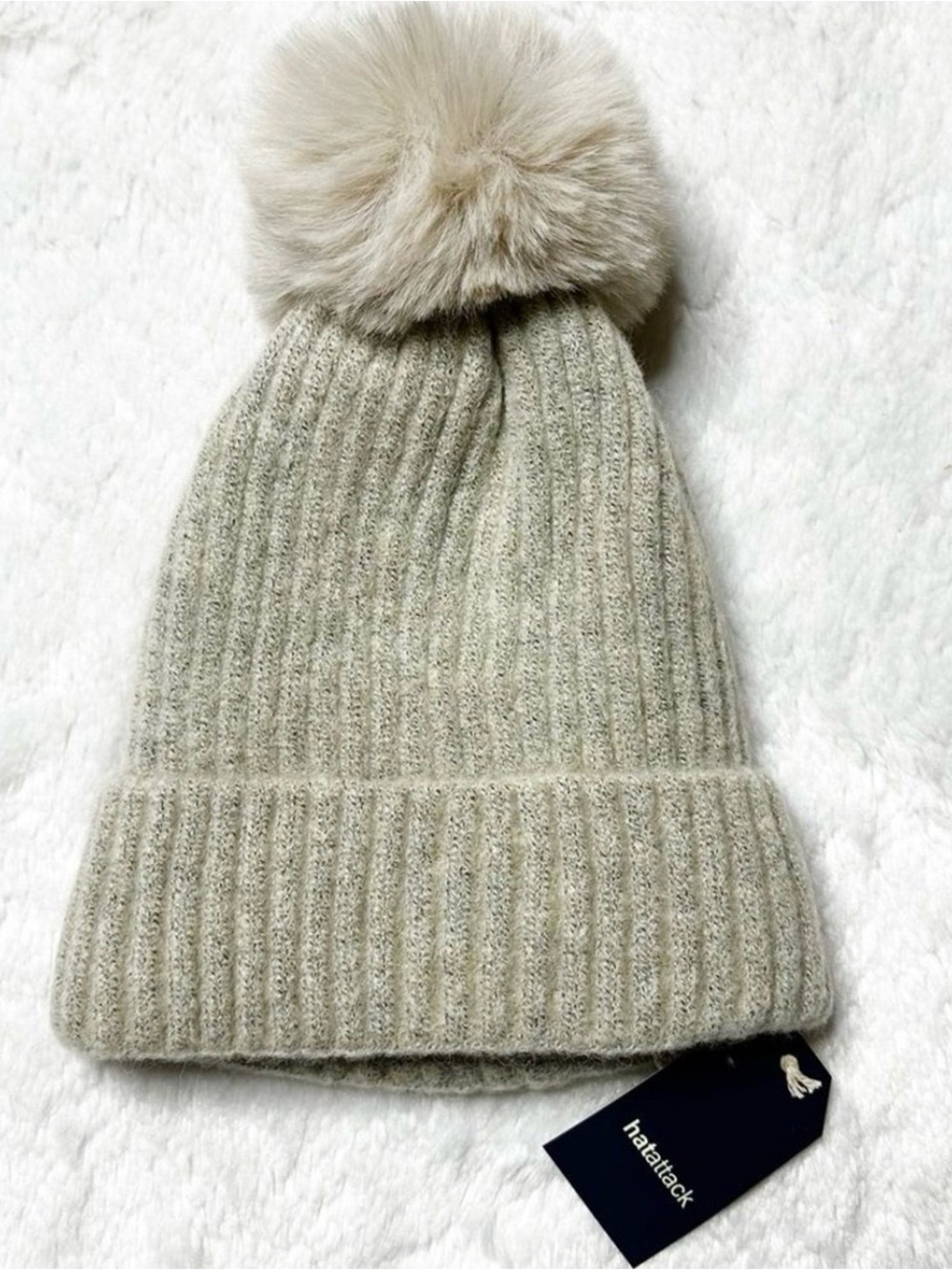 Hat Attack Ribbed Knit Pom Beanie in Creamy Light Beige